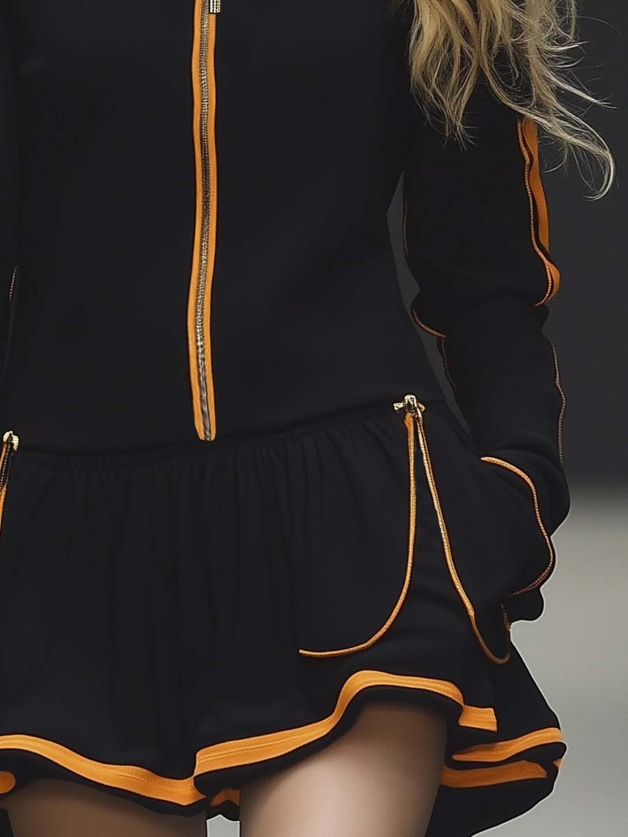 Andrea | Zip-Up Skirt Dress in Black & Orange
