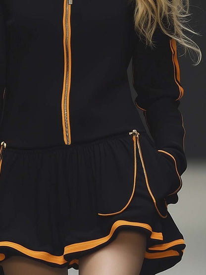 Andrea | Zip-Up Skirt Dress in Black & Orange