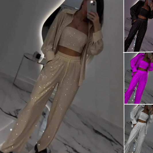 Camilla | Women's Sequin Blazer and Wide Leg Pants (3-Piece Set)