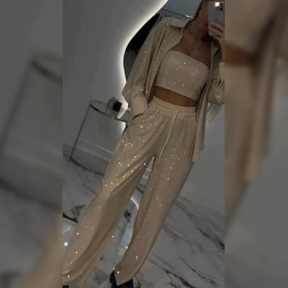 Camilla | Women's Sequin Blazer and Wide Leg Pants (3-Piece Set)