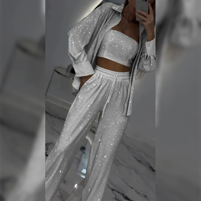 Camilla | Women's Sequin Blazer and Wide Leg Pants (3-Piece Set)