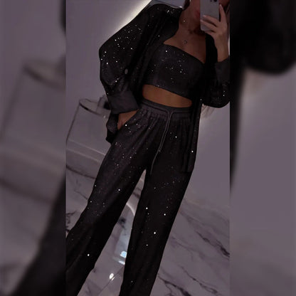Camilla | Women's Sequin Blazer and Wide Leg Pants (3-Piece Set)
