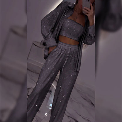 Camilla | Women's Sequin Blazer and Wide Leg Pants (3-Piece Set)