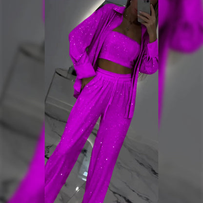 Camilla | Women's Sequin Blazer and Wide Leg Pants (3-Piece Set)