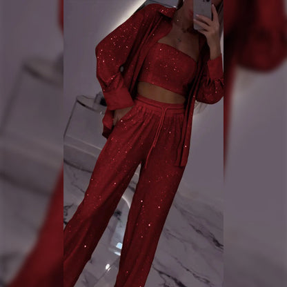 Camilla | Women's Sequin Blazer and Wide Leg Pants (3-Piece Set)